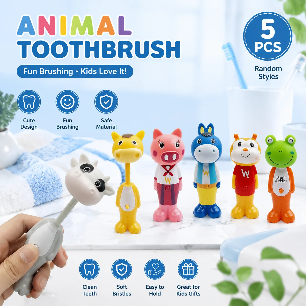 5-Piece Cute Cartoon Soft Bristle Toothbrush Set