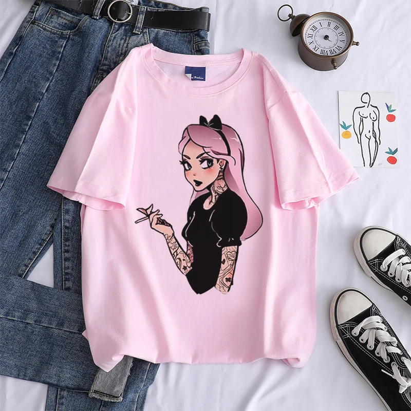 2022 New Alice In Wonderland T Shirts Womens Cotton Tops Black Alice Snow White Print Casual Short Sleeves 90s Fashion Top black t shirt for men Tees