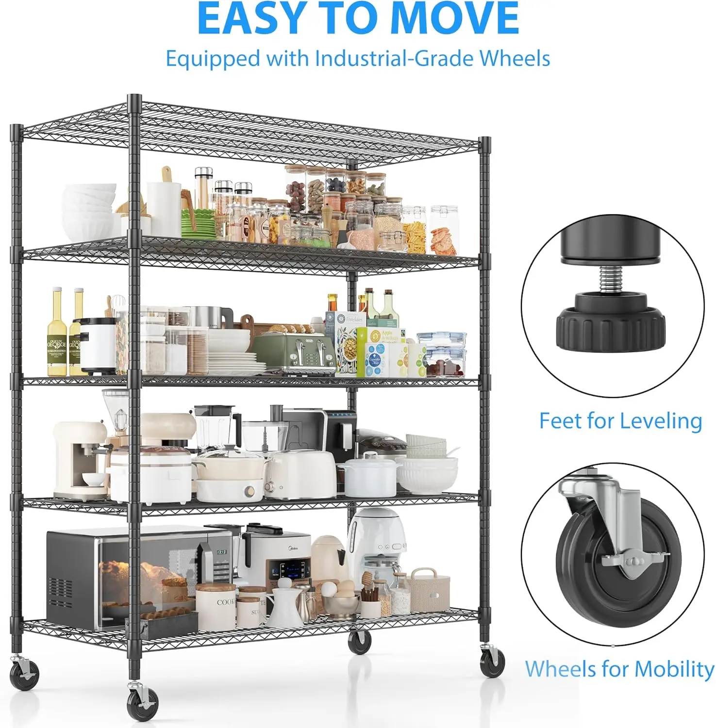 Heavy Duty Storage Shelves, 5 Tier Wire Unit with Wheels. Adjustable Metal Shelves for Garage, Pantry, Kitchen. 24"x60"x82"Black