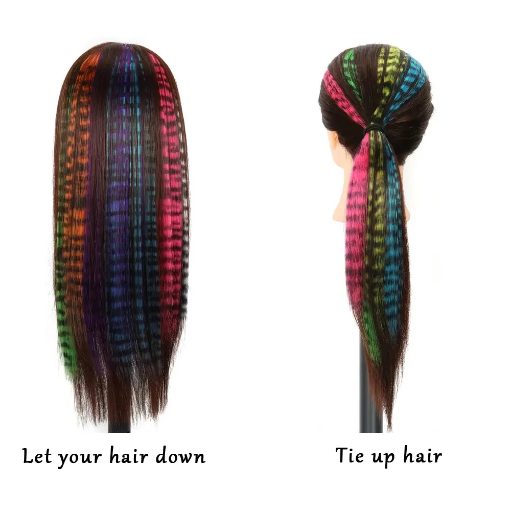Clip-in Stripe Printed Synthetic Hair Colorful Long Straight Hair Pieces clip in Extensions for Daily or Christmas wear