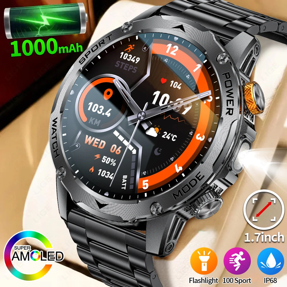 LIGE 2025 New For HUAWEI Xiaomi 1000mah AMOLED Smart Watch Men Sports Fitness LED Flashlight 3ATM Waterproof BT Call Smartwatch 1