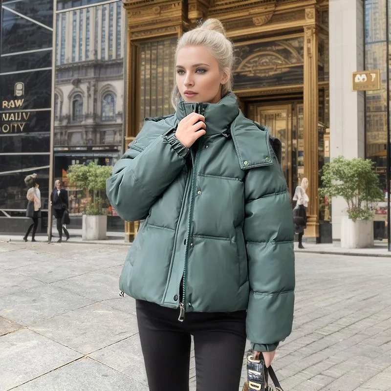 

2024 Winter All Match Zipper Parka Women Solid Color Full Sleeve Chic Button Jacket Ladies Hooded Short Cotton Down Jackets Coat