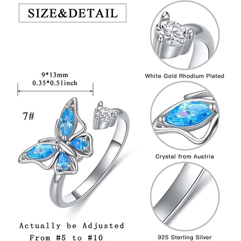 SMJEL Fidget Spinner Ring Anxiety for Women Multiple Crystal Flower Eye Butterfly Animal Ring Rotate Anti Stress Wedding Jewerly 4
