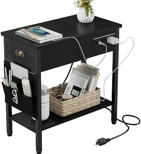 

"End Table with Charging Station- Flip Top Narrow Side Tables With Storage Drawers/USB Ports/Outlets Sofa Couch Bedside Tabl Sma