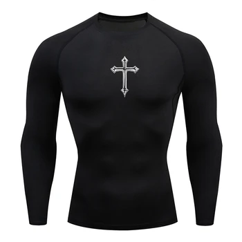 Cross Print Compression Shirt for Men Christian Athletic Tshirt Tees Tops Gym Workout Running Baselayers Undershirts Rash Guard 1