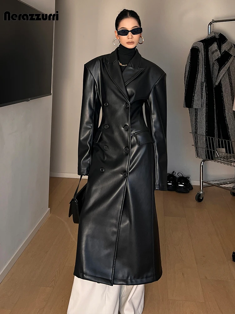 nerazzurri-spring-autumn-luxury-long-black-fitted-pu-leather-trench-coat-for-women-shoulder-pads-double-breasted-runway-fashion