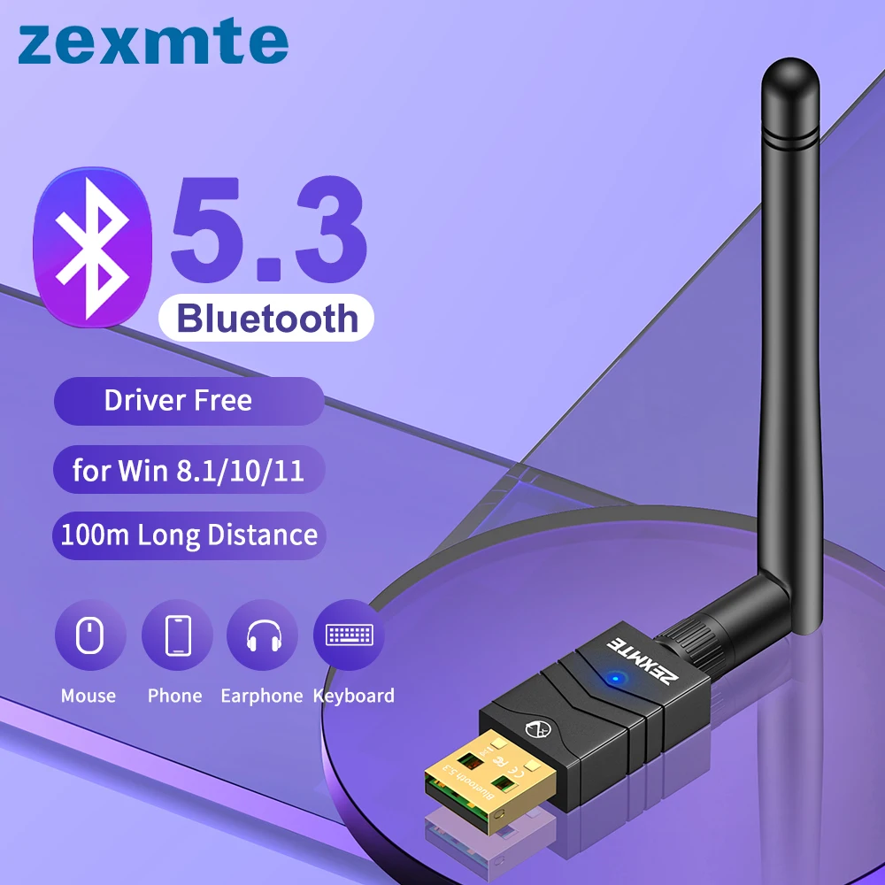 Zexmte 100M Bluetooth 5.3 Adapter Free Driver USB Bluetooth Dongle Adaptador for PC Windows 11/