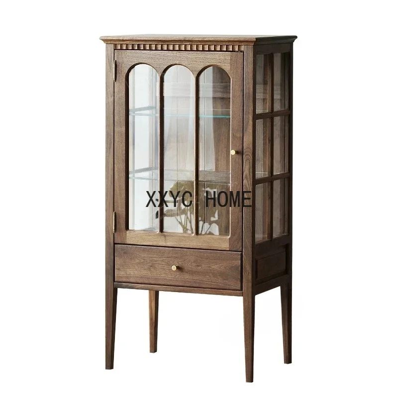 

Living Room Retro Display Cabinet Made of Glass Oak Solid Wood Side Cabinet Small Apartment Locker Bedroom Storage Cabinet
