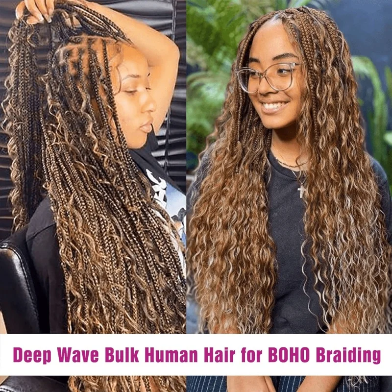 30Inch Colored Human Hair Bulk For Boho Braiding Curly Brazilian Highlight Deep Wave Human Hair Extension No Weft 2 Bundles 110g 4