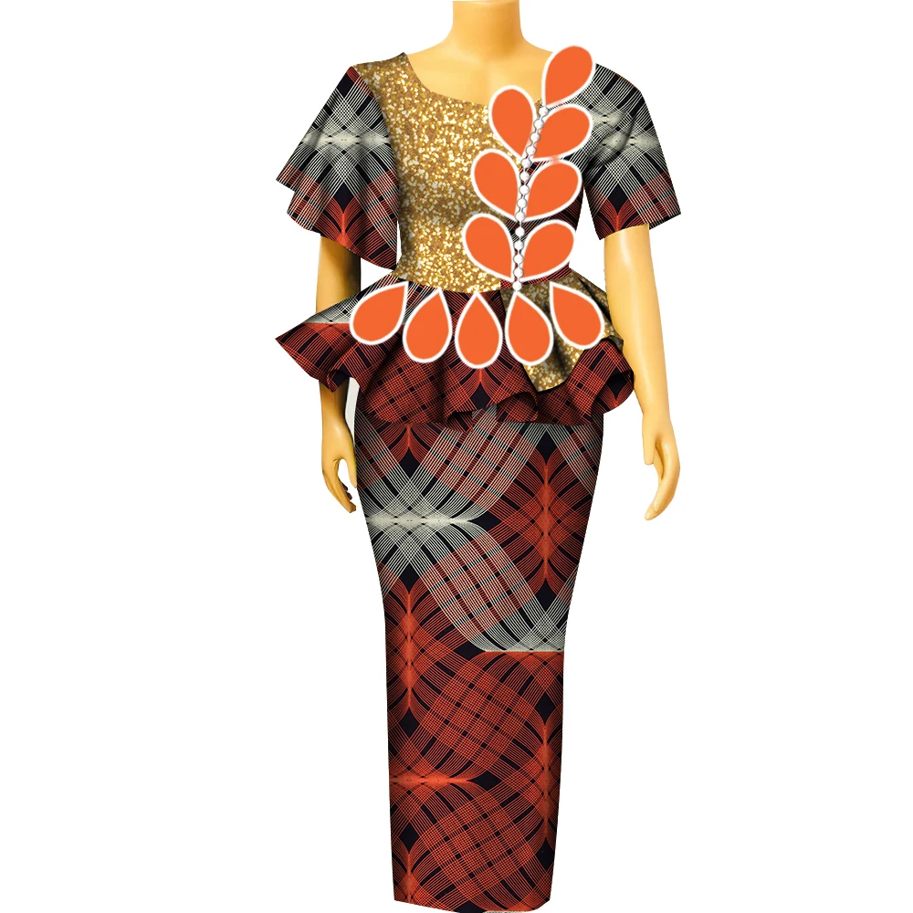 BintaRealWax 여성용 아프리카 투피스 세트, Dashiki 물방울 패턴 아프리카 의류, 파티용 바진 레이디 의류, YF104