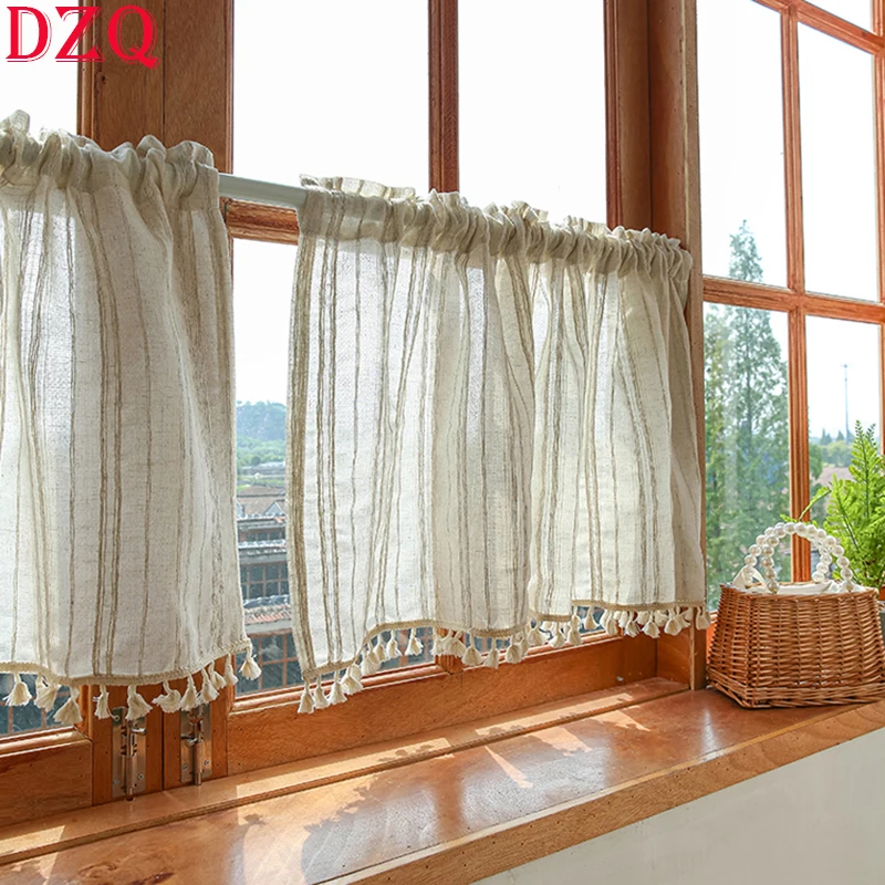 

Japanese Cotton and Linen Half Curtains Kitchen Tassel Stripe Short Curtain Partition Cloth Cabinet Shielding Drapes #A303