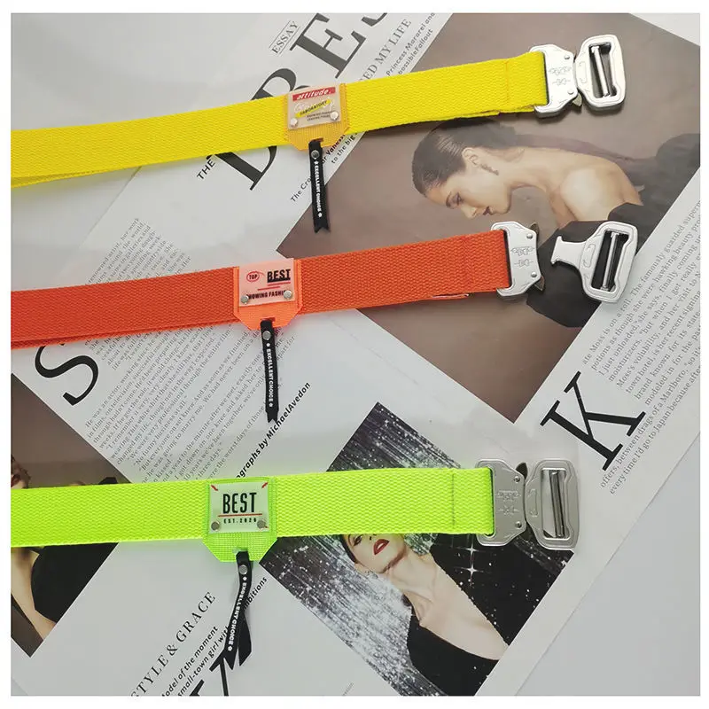 Functional Buckle Belt Men's Tooling Hip-hop Ins Fluorescent Green Decorative Belts Personality Silver Buckle Canvas Light Belt