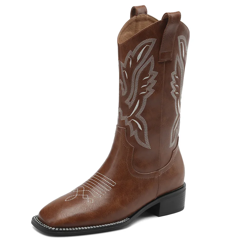 

Women Leather Western Boots New 2023 Autumn Winter Ladies Square Toe Medium Heel Black Brown Slip-On Embroidery Boots