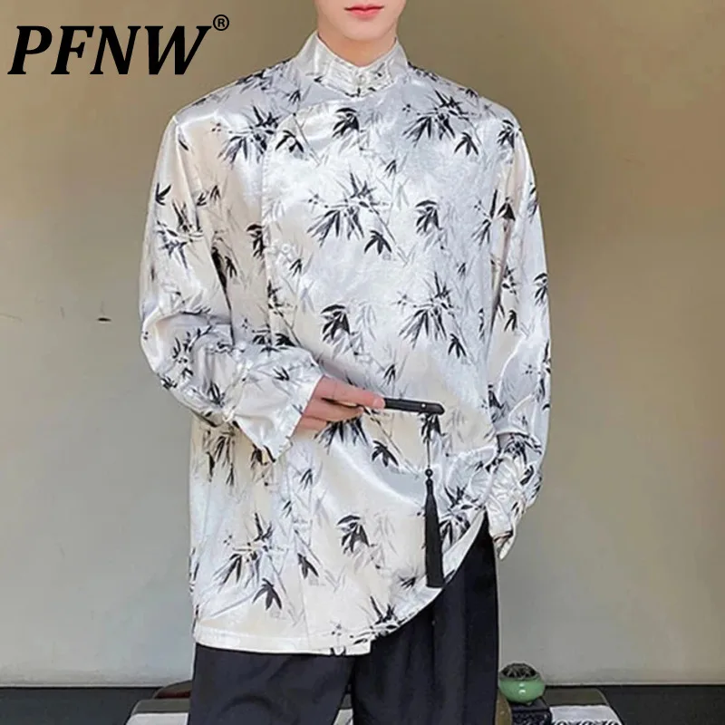 

PFNW Printing Male Shirt New Chinese Style Stand Collar Knot Button Contrast Color Baggy Men's Long Sleeve Shirt Spring 9C4580