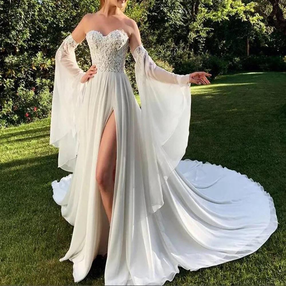 Wedding Sleeve Accessories Removeable Chiffon Sleeve Detachable Long Trumpe Sleeves For Wedding Appliques Simple Bride Sleeve Illusion Bridal Accessories wedding sleeve accessories