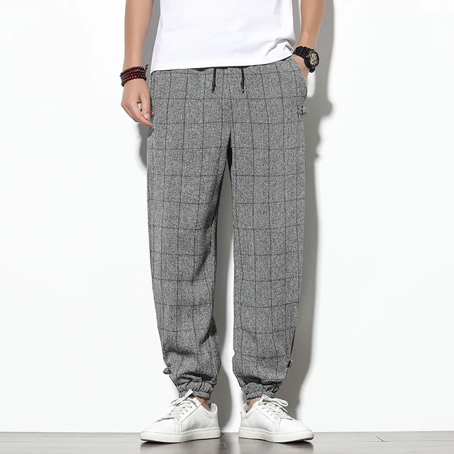 Spring Summer Disc Buckle Plaid Harem Pants Mens Breathable Cotton