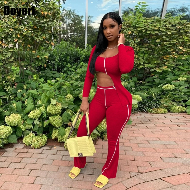 Autumn Sexy 2 Piece Set Women Festival Clothing Sets Ribbed Crop Tops Long  Pants Set Bodycon Two Piece Club Outfits For Women - Pant Sets - AliExpress