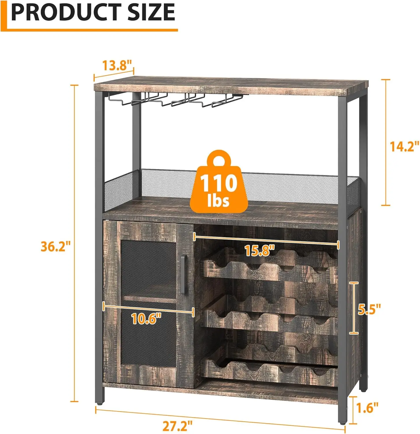 UK Bar Cabinet, Wine Rack Cabinet with Detachable Wine Rack, Adjustable Shelves Coffee Bar Cabinets with Mesh Door and Baffle De