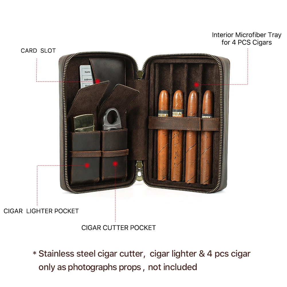 Luxury Cigar Humidor Box Crazy Horse Leather Cigar Case for Cigar Lighter Cutter Cigar Holder Travel Cigar Travel Humidifier