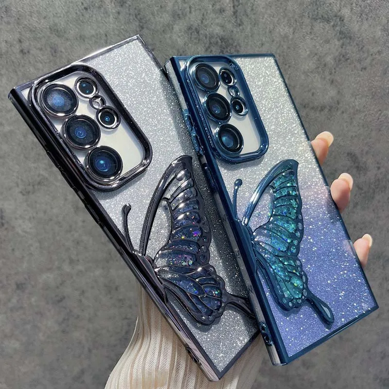 3D Glitter Butterfly Quicksand Electroplate Phone Case with Built-in Lens Film
