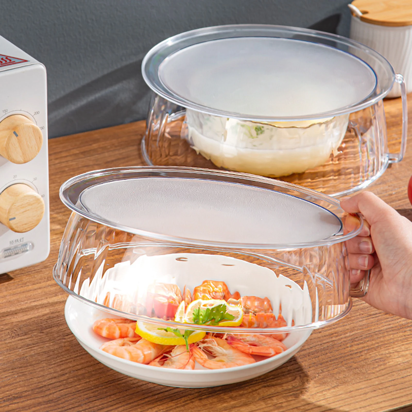 Microwave food serving plate cover transparent smooth surface with handle 10"