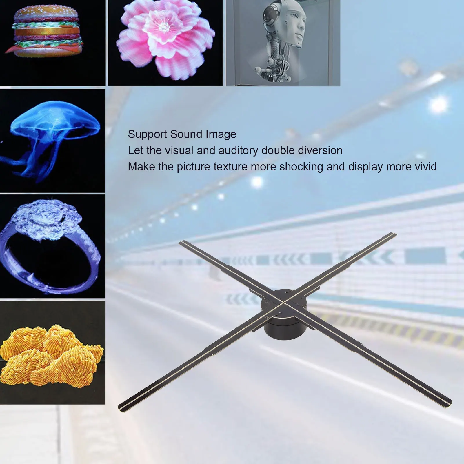 3D 홀로그램 선풍기 HD 722 LED 지지대 폰 앱, PC 와이파이 홀로그램 광고 디스플레이, 원격 100-240V, 24.2 인치