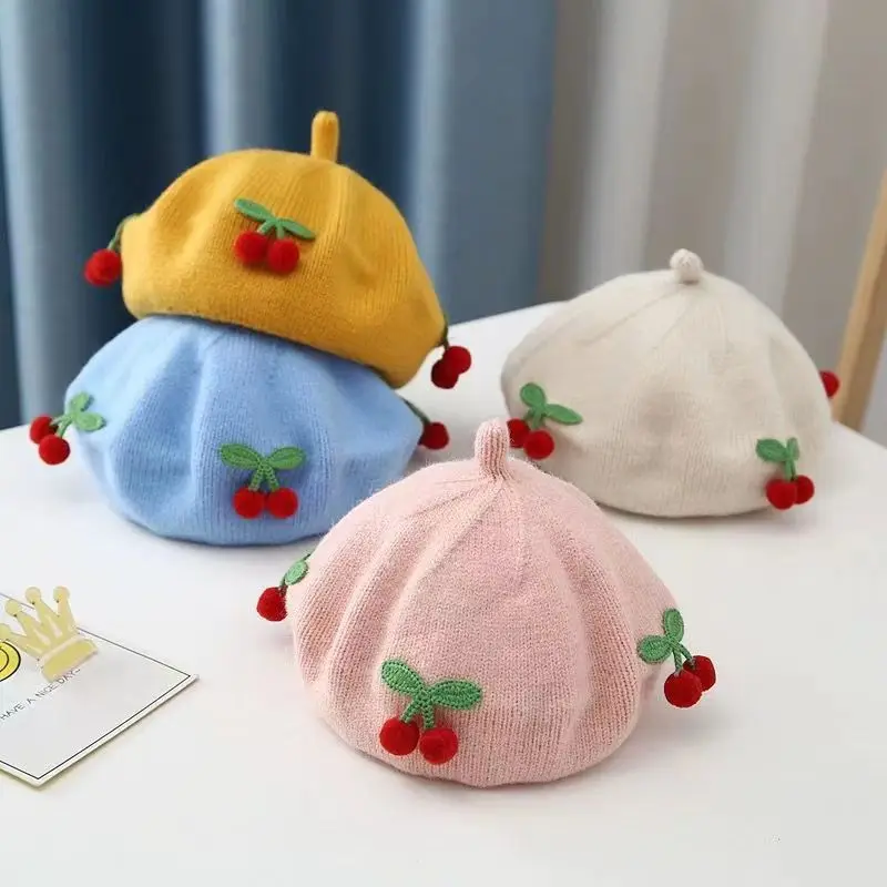 New Fashion Spring and Autumn Girl Children British Painter Hat Baby Wool Fashion Kawaii Cherry Women Beret Caps women hat,woolen hat,children beret