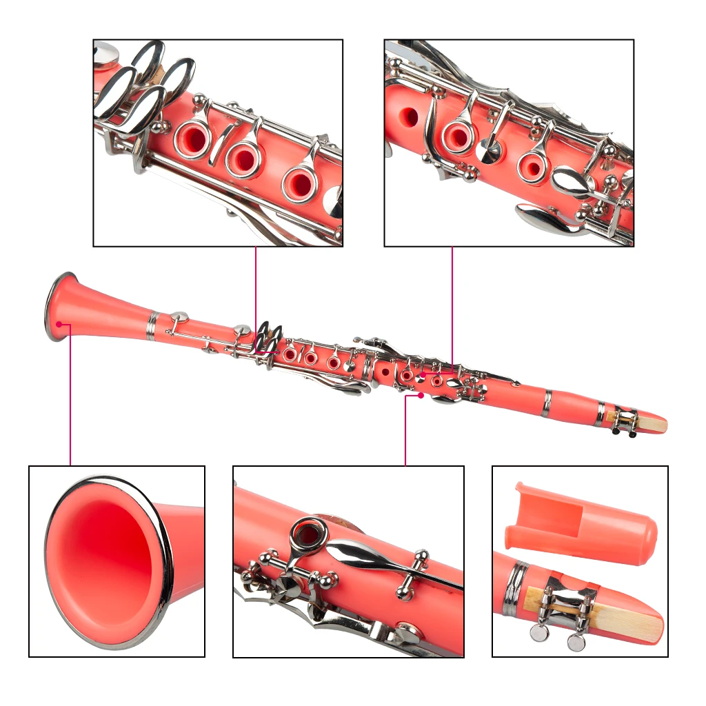 Pink Bb Clarinet Woodwind Band & Orchestra Musical Instruments For Beginners Includes Mouthpiece Reeds Carry Protecting Case SET