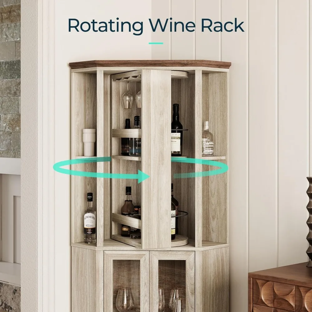 Corner Bar Cabinet, 68.5" Tall Farmhouse Wine Cabinet with Rotating Liquor Shelves, Home Bar Cabinet with Barn Door & Adjustabl
