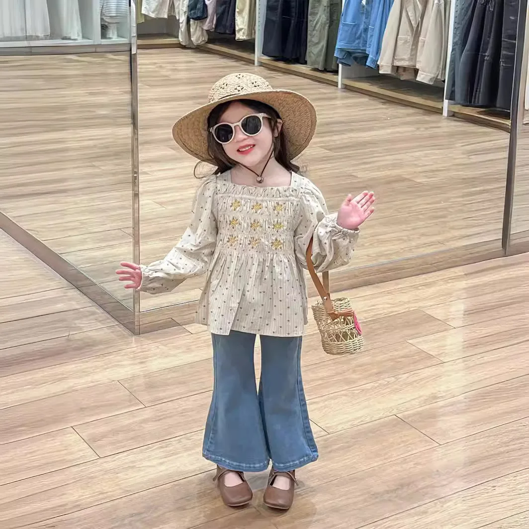 

Girls Shirt 2024 Summer New Childrens Wear Korean Style Girl Small Fresh Full Stars Embroidery Puffed Sleeve Doll Shirt Casual