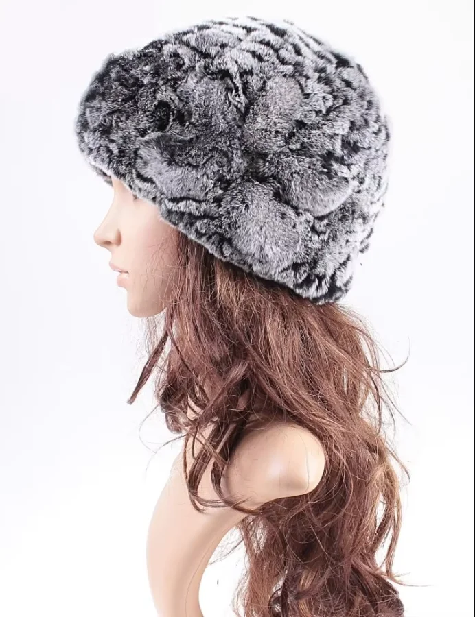 Natürliche Rex-Kaninchenfell-Strickmütze mit individuellem Blumenmuster, warme modische Pelz-Wintermütze für Damen, Herbst-Accessoire – Detail 11