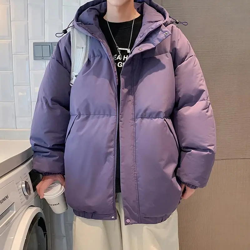 New 2023 Autumn Winter Men's Thick Warm Parkas Solid Color Hooded Cotton-Padded Jacket Youth Loose Down Coat Outwear Top Clothes