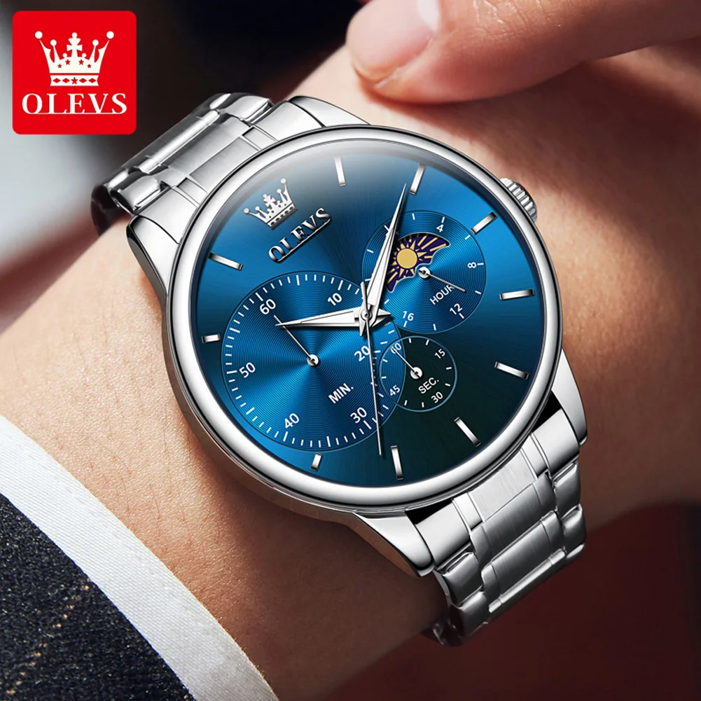OLEVS Brand Luxury Chronograph Quartz Watch Men Stainless Steel Waterproof Fashion Moon Phases Watches Men Relogio Masculino
