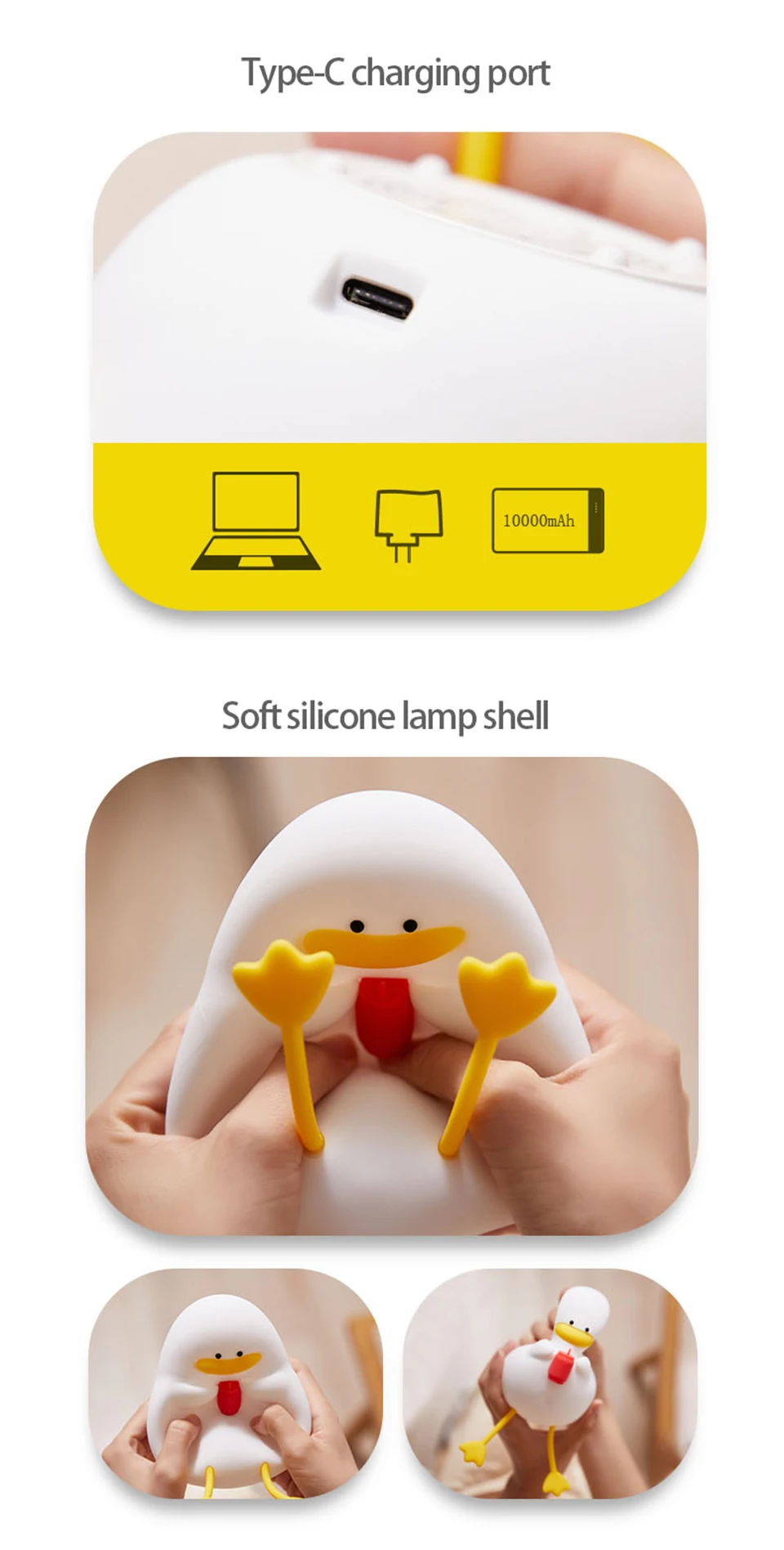 Cute Kids Happy Duck Night Light USB Rechargeable Lamp Silicone Pating Lamp Color Changing for Baby Bedside Room Home Decor Gift