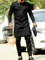 Men's chic and casual black printed long sleeve two-piece set