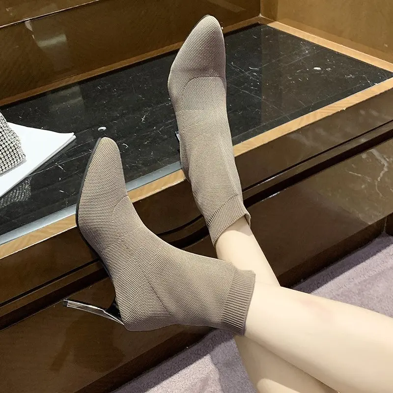 2024 Autumn and Winter Sexy Sock Boots Knitted Stretch Boots High Heels Women's Fashion Shoes Short Boots Women's Boots