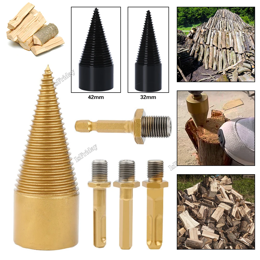 

5/6pcs 32/42mm Firewood Splitting Drill Bit Wood Splitter Screw Cones Bit Square Round Hexagonal For Hammer Drill
