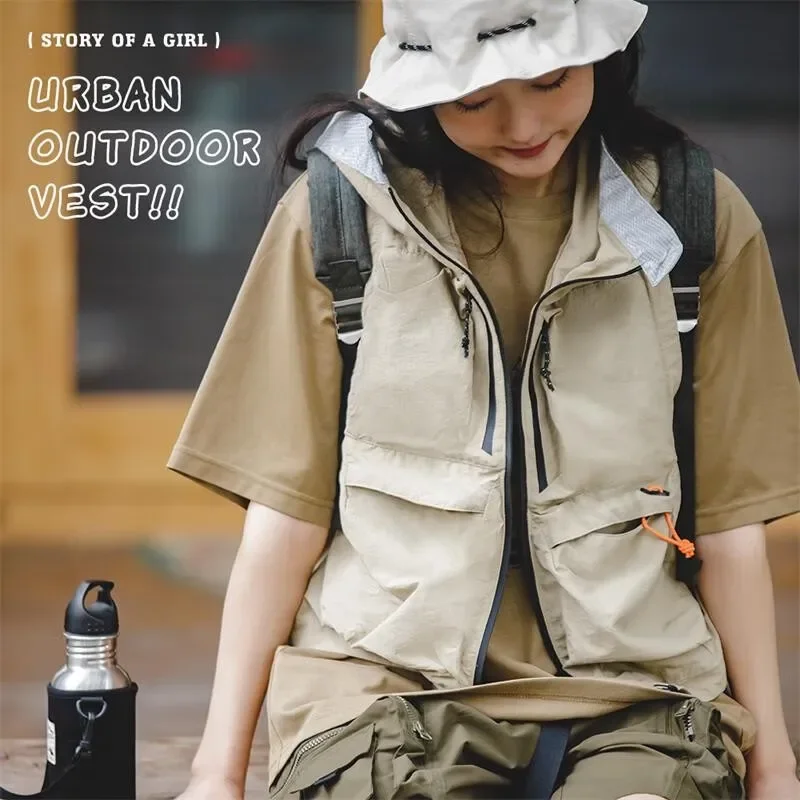 Maden Women's Mountain Outdoor Camping Vest Japanese Hooded Loose Casual Sleeveless Jackets Large Size Cargo Pocket Waistcoat