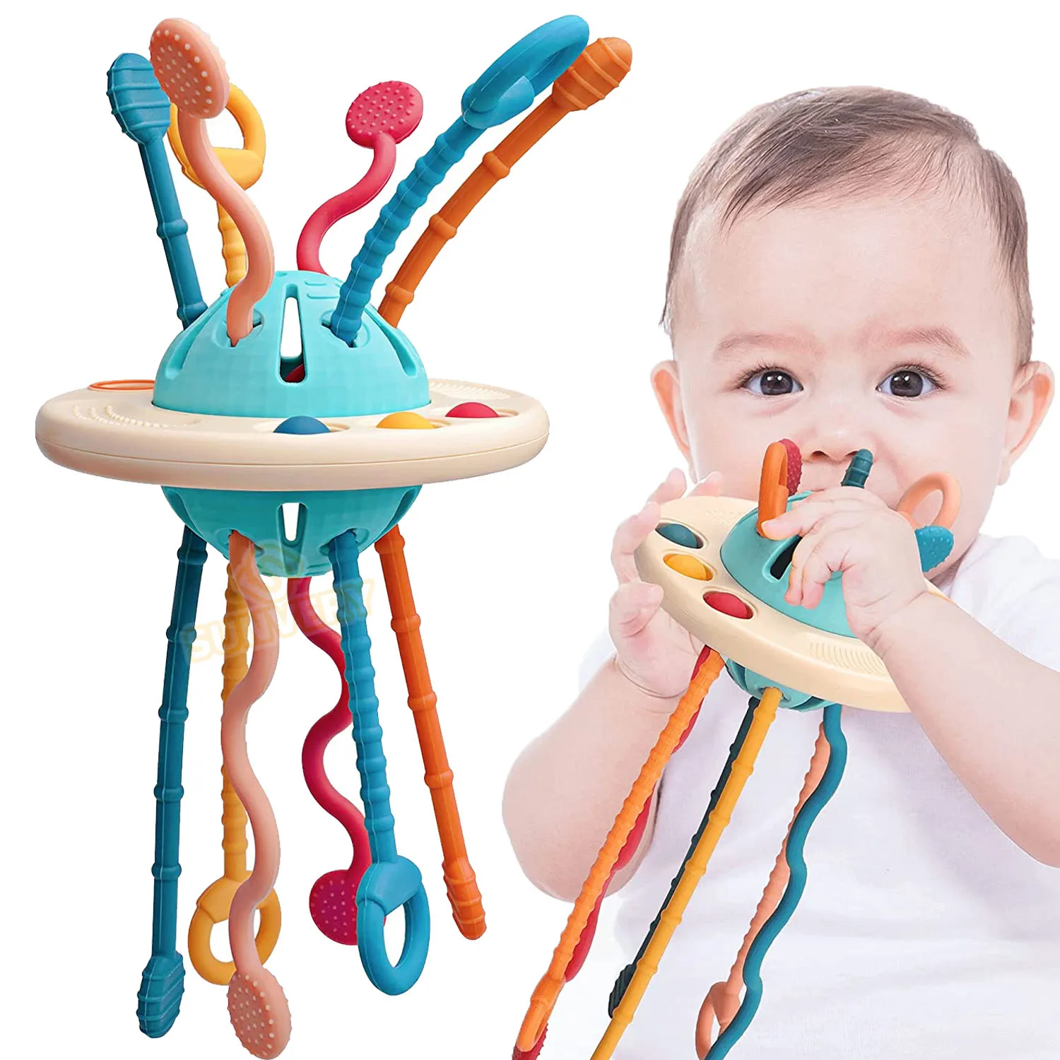 

UFO Baby Sensory Toys Montessori Pull String Interactive Educational Toy Ropes with Simple Bubble Motor Skills Infants Toddlers