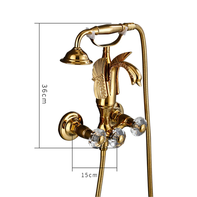 Onyzpily Gold/Antique Brass Washroom Bathtub Faucet Wall Mounted Swan Faucets Dual Handle Control Crystal Grip 6