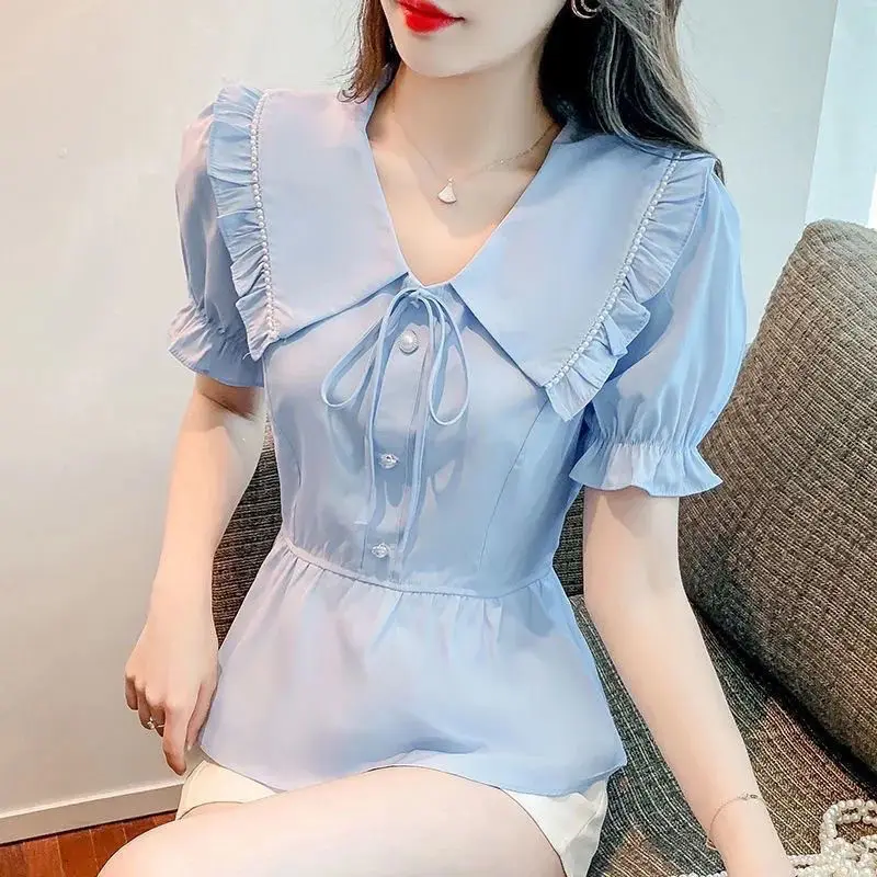 러플 엣지 활 레이스 블라우스, 반팔, 단색, 루즈 단추 플리츠 셔츠, 상의, 스위트 패션, 여성 의류, 여름 신상