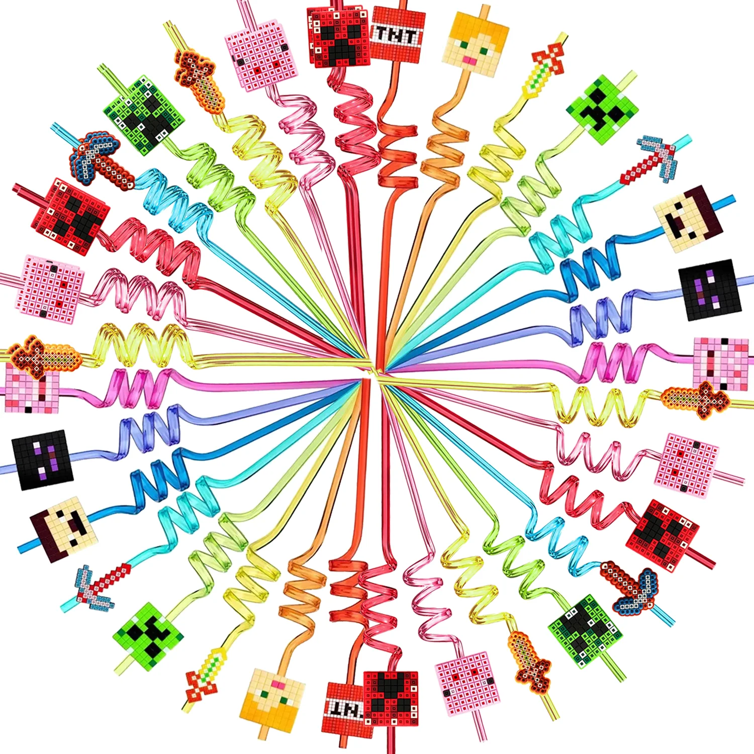 Disposable Straws 6/12pcs Pack My World Pixel 3D Straw Spiral Drinking Straws Children Kids Birthday Party Decorations Juice Straws Baby Shower