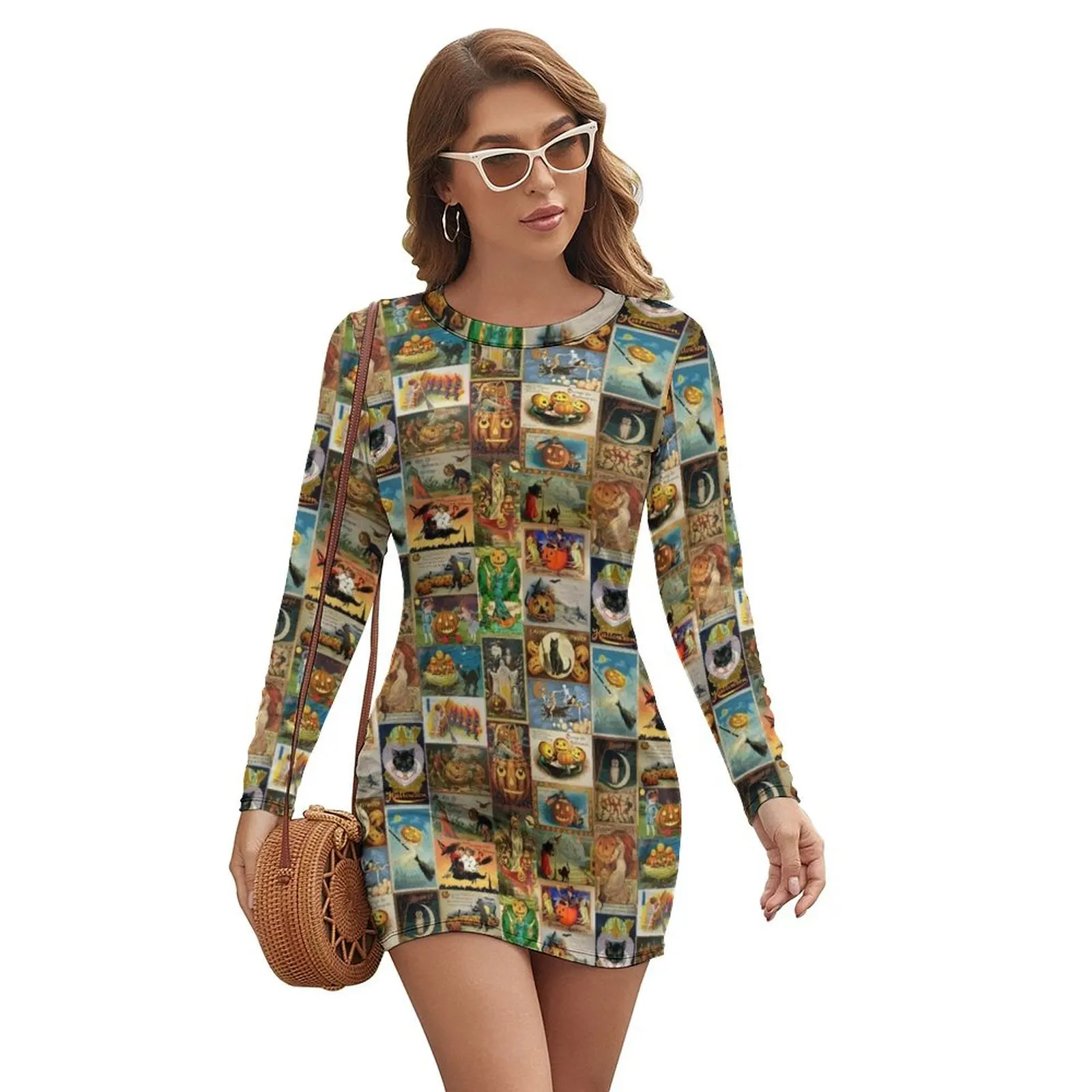 

Vintage Halloween Greeting Card Collage Long-sleeved Dress birthday dress for women
