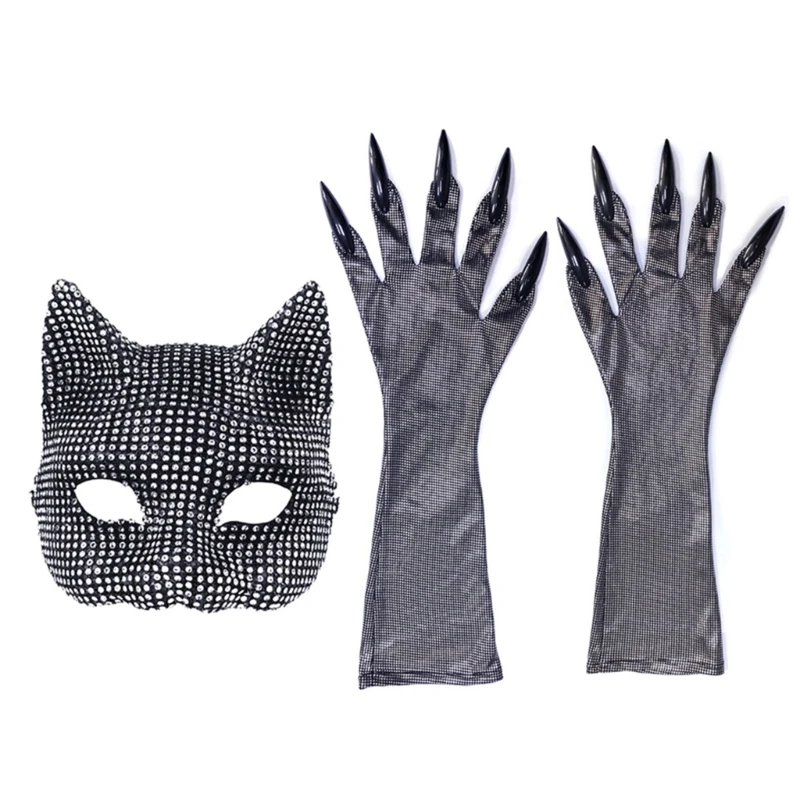 

Rhinestones Cat Mask Gloves Costume Catwomen Cosplay Party Costume Face Mask Stage Performances Props Roleplay Accessory