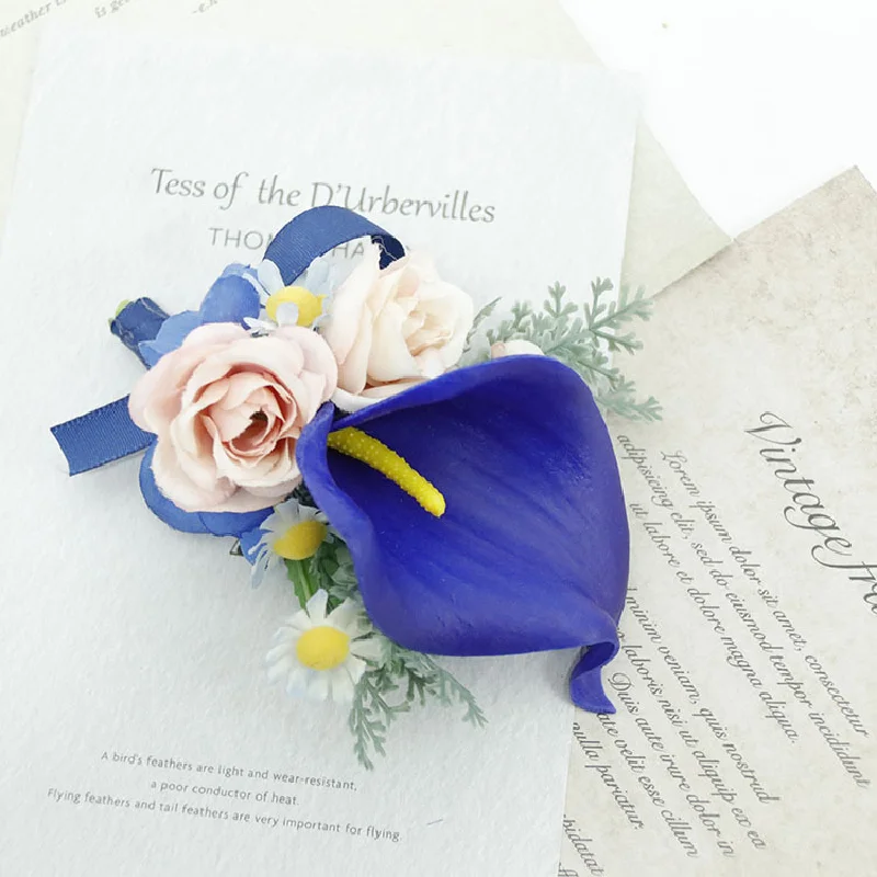 Boutonniere And Wrist Corsag Wedding Supplies Banquet Guests Bride and Groom Breast Flower Hand Flower Blue Calla Rose 354