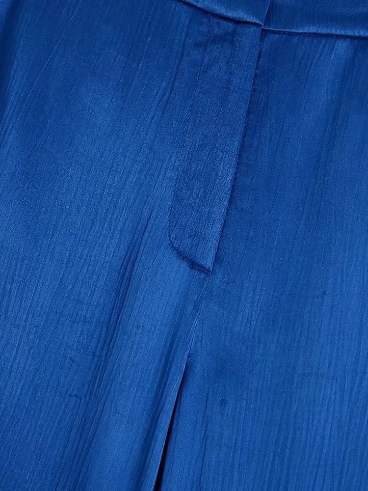 2022 Summer Women Casual Straight Pants Solid Button Loose Fashion Female Street Elegant Satin Trousers Clothing flare jeans