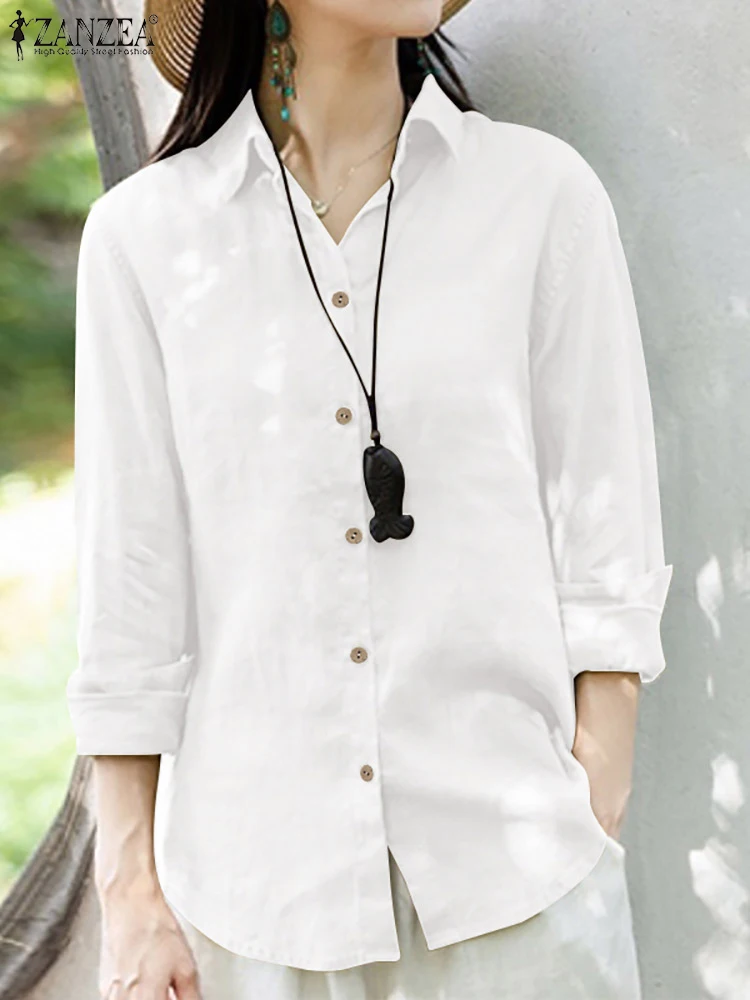 

Женская винтажная блузка с отворотом ZANZEA, повседневная однотонная Свободная блузка из хлопка с длинным рукавом, офисная блузка
