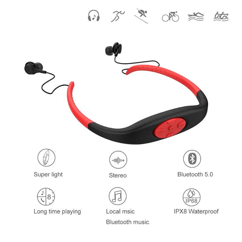 Wireless MP3 Player FM Radio 8GB Bluetooth Headset Waterproof IPX8
