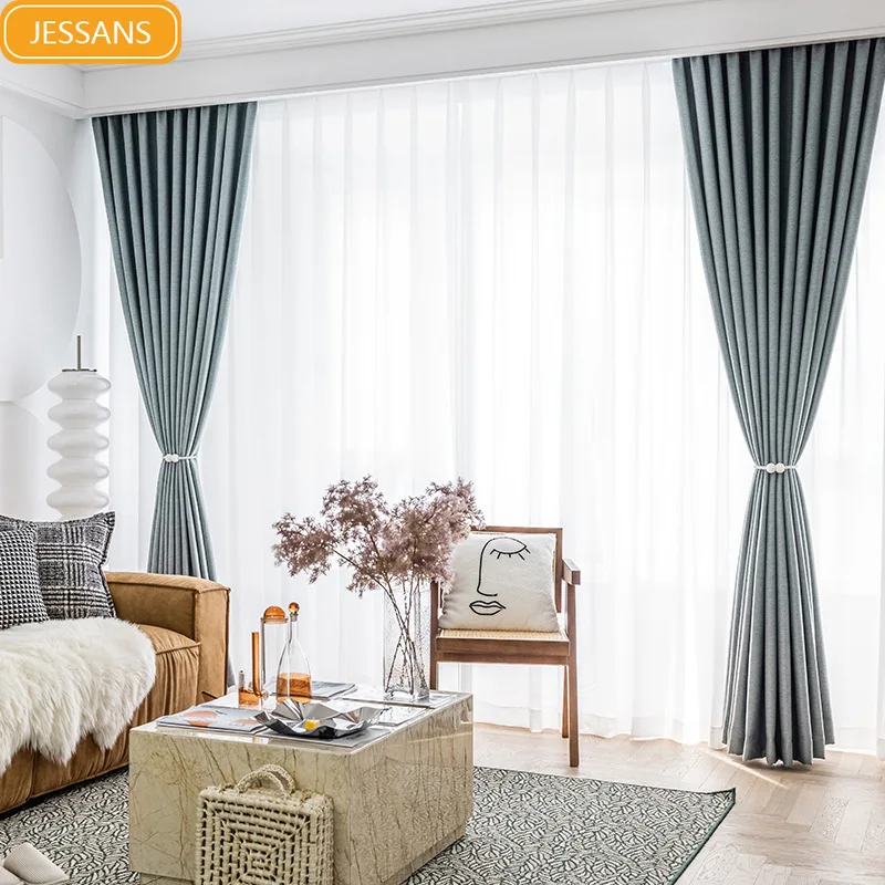 

Nordic Simple Light Luxury Curtains for Living Room Bedroom Thickened Cotton and Linen Blackout Curtain Custom Finished Products