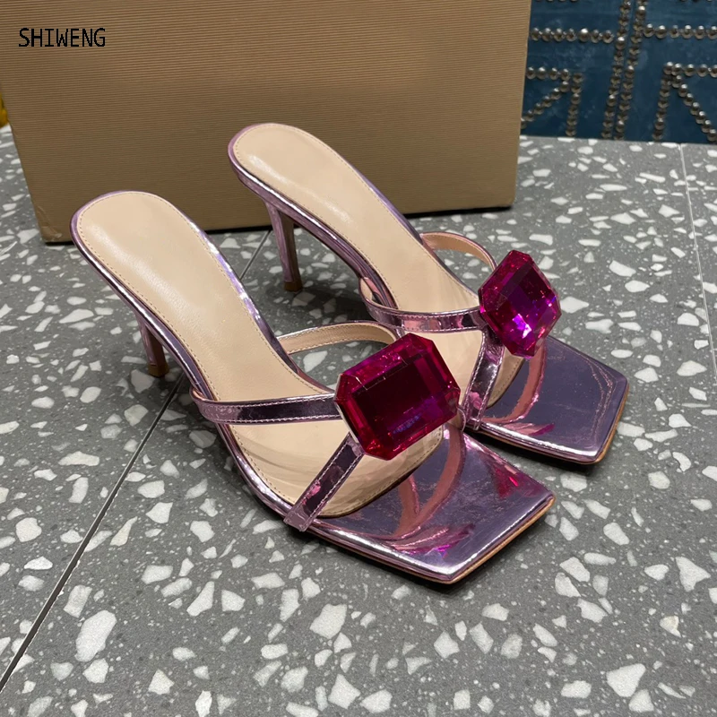 

2024 Summer Women Pumps Sandals Slippers Open Toe High Heels Women Big Diamond Slippers Shoes Heel Sandals